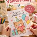Un exemple de dessin coloré pour un anniversaire avec des ballons et un gâteau.