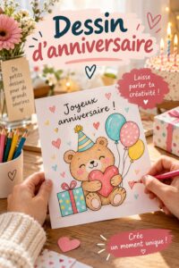 Un exemple de dessin coloré pour un anniversaire avec des ballons et un gâteau.