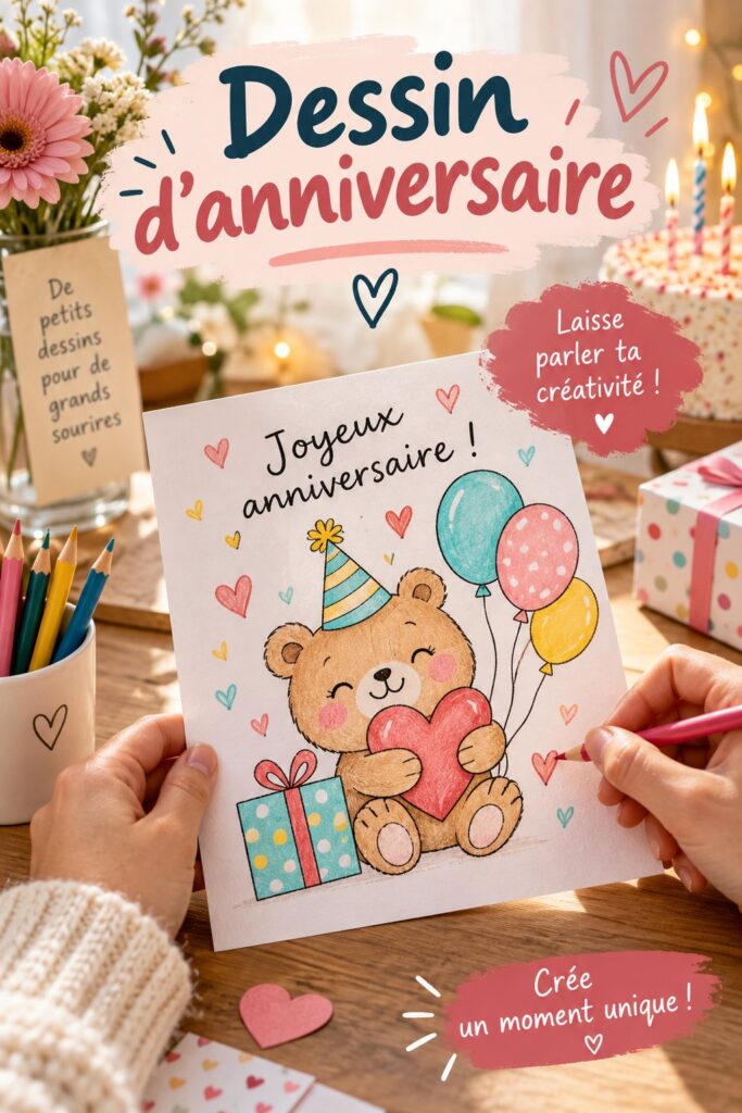 Un exemple de dessin coloré pour un anniversaire avec des ballons et un gâteau.