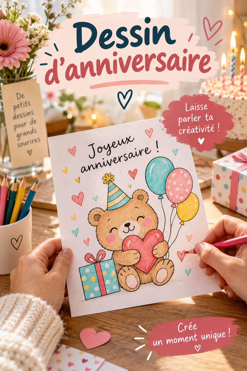 Un exemple de dessin coloré pour un anniversaire avec des ballons et un gâteau.