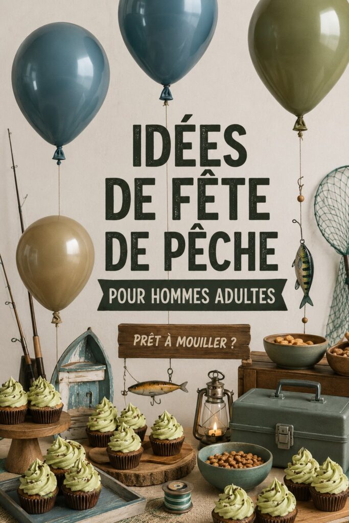 Une table décorée pour une fête d'anniversaire sur le thème de la pêche, avec des accessoires marins et des plats inspirés de la mer.