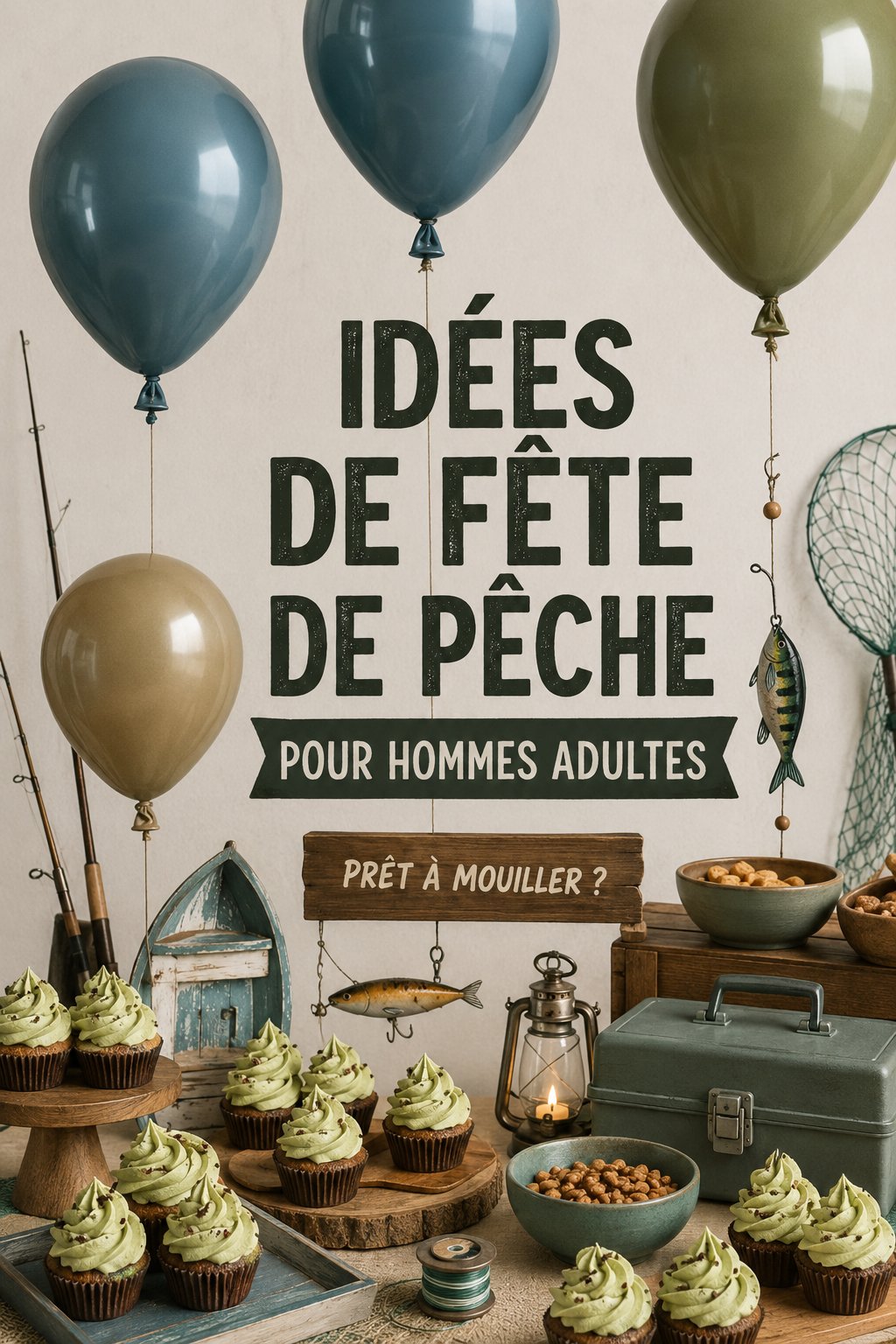 Une table décorée pour une fête d'anniversaire sur le thème de la pêche, avec des accessoires marins et des plats inspirés de la mer.