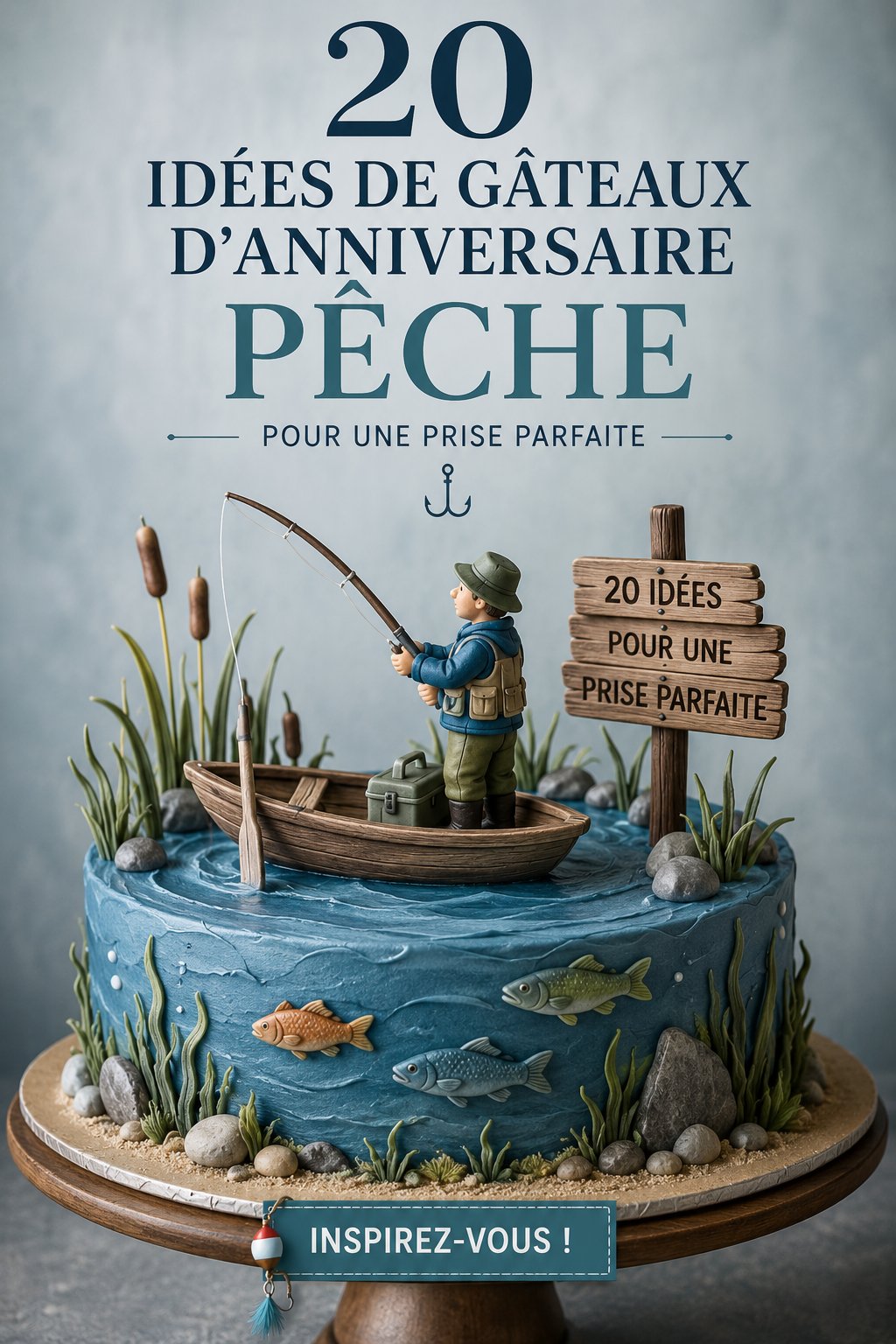 Un gâteau d'anniversaire décoré sur le thème de la pêche avec des éléments marins.