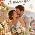 Un couple heureux le jour de leur mariage entouré de décorations florales.