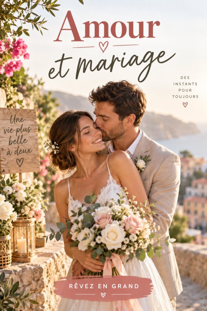 Un couple heureux le jour de leur mariage entouré de décorations florales.