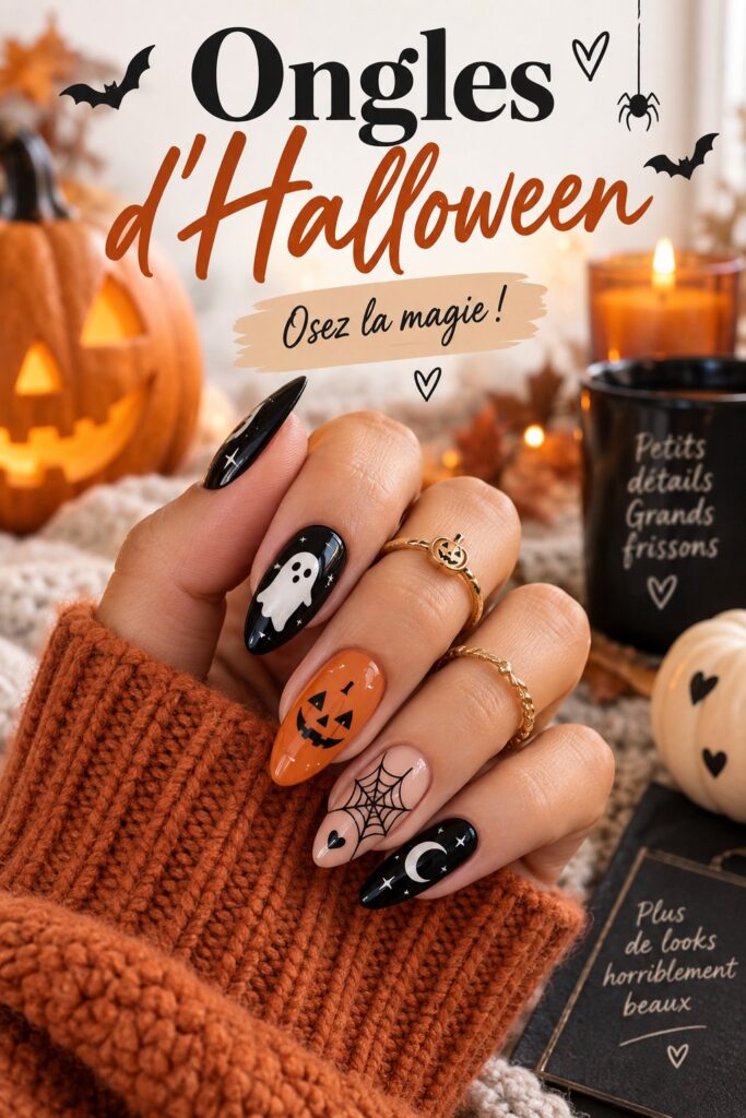 Des ongles décorés pour Halloween avec des motifs de citrouilles et de fantômes en couleurs vives.