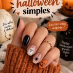 Manucure Halloween simple avec des motifs de citrouille et d'araignée.