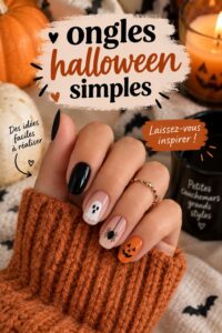 Manucure Halloween simple avec des motifs de citrouille et d'araignée.