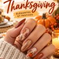 Manucure avec des designs automnaux, parfaite pour Thanksgiving avec des couleurs chaudes.