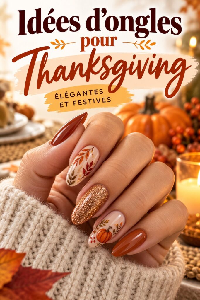 Manucure avec des designs automnaux, parfaite pour Thanksgiving avec des couleurs chaudes.