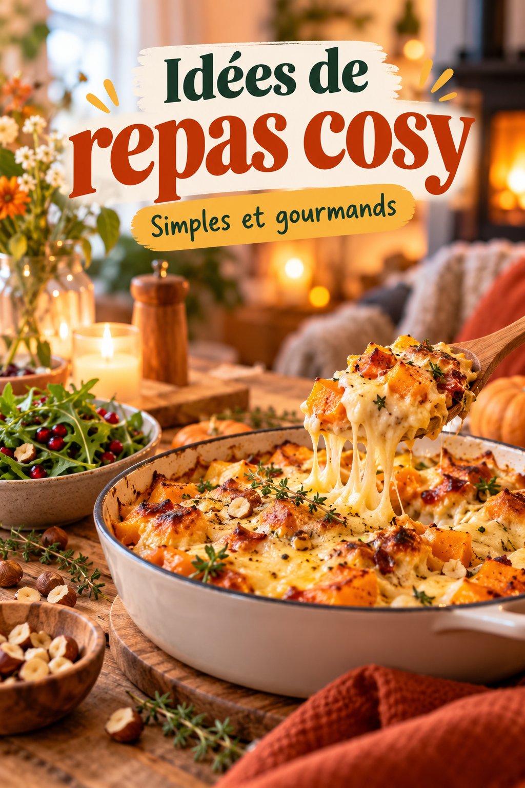 Plat réconfortant servi lors d'un repas cosy en famille, avec une belle présentation.