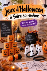 Des enfants jouant à des jeux d'Halloween faits maison dans le jardin