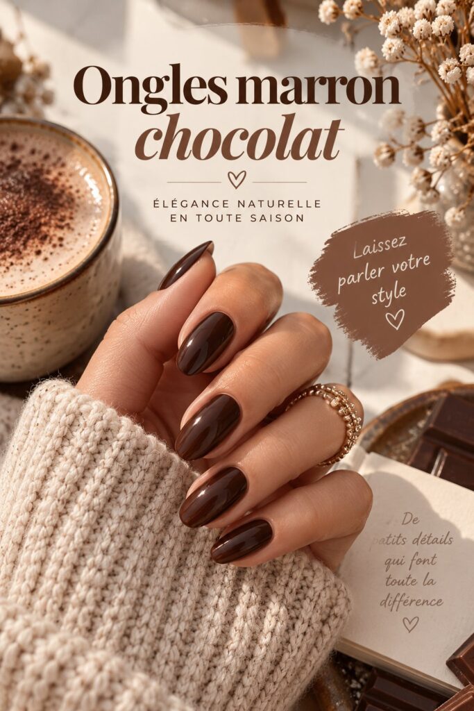 Des ongles marron chocolat brillants sur fond neutre