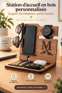 Station de chargement en bois personnalisée avec téléphone et montre