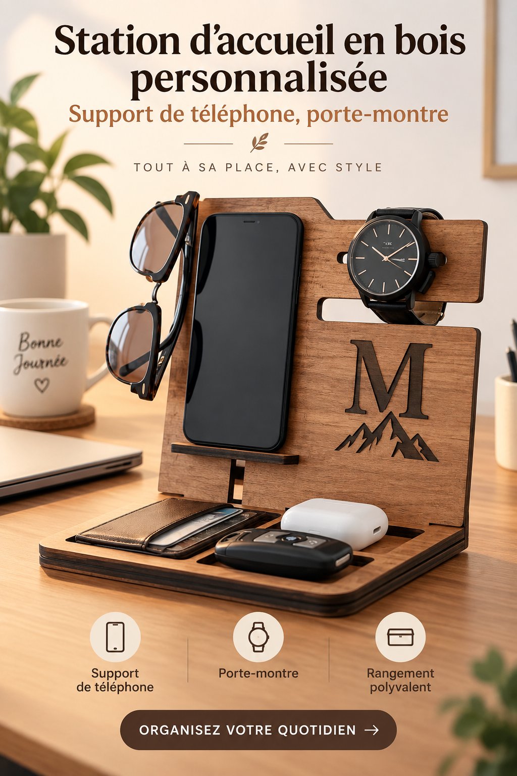 Station de chargement en bois personnalisée avec téléphone et montre