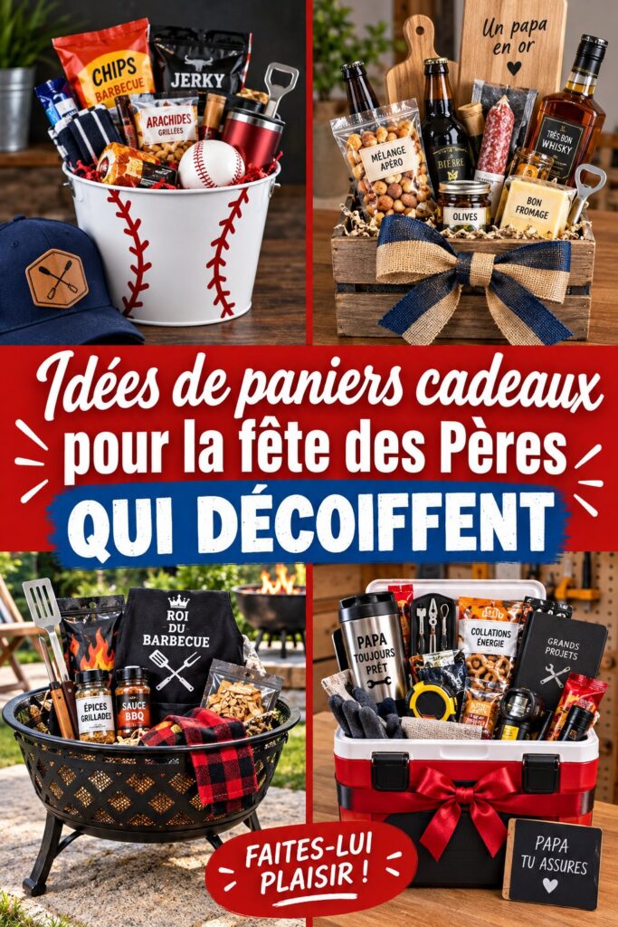 Panier cadeau rempli de produits gourmands pour la fête des pères.