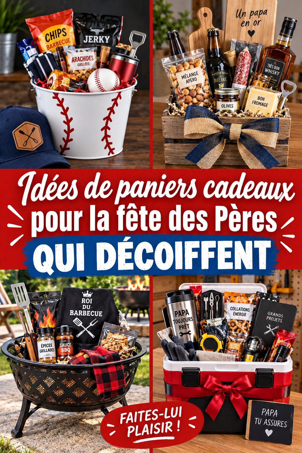 Panier cadeau rempli de produits gourmands pour la fête des pères.