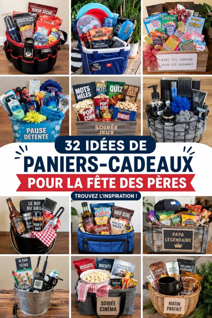 Panier cadeau décoré pour la fête des pères, rempli de douceurs et de gadgets.