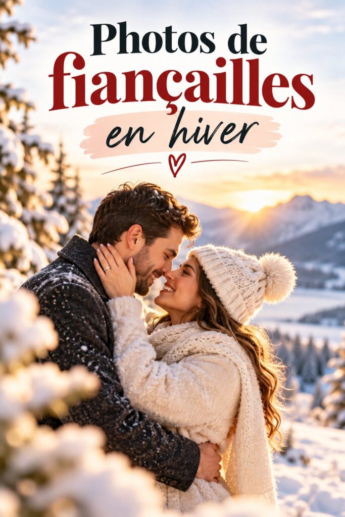 Couple amoureux posant dans un décor hivernal pour une séance photo de fiançailles.