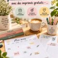 Un calendrier imprimé gratuit avec des motifs colorés sur un bureau