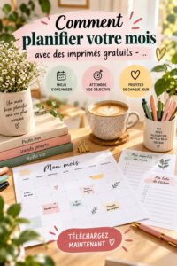Un calendrier imprimé gratuit avec des motifs colorés sur un bureau