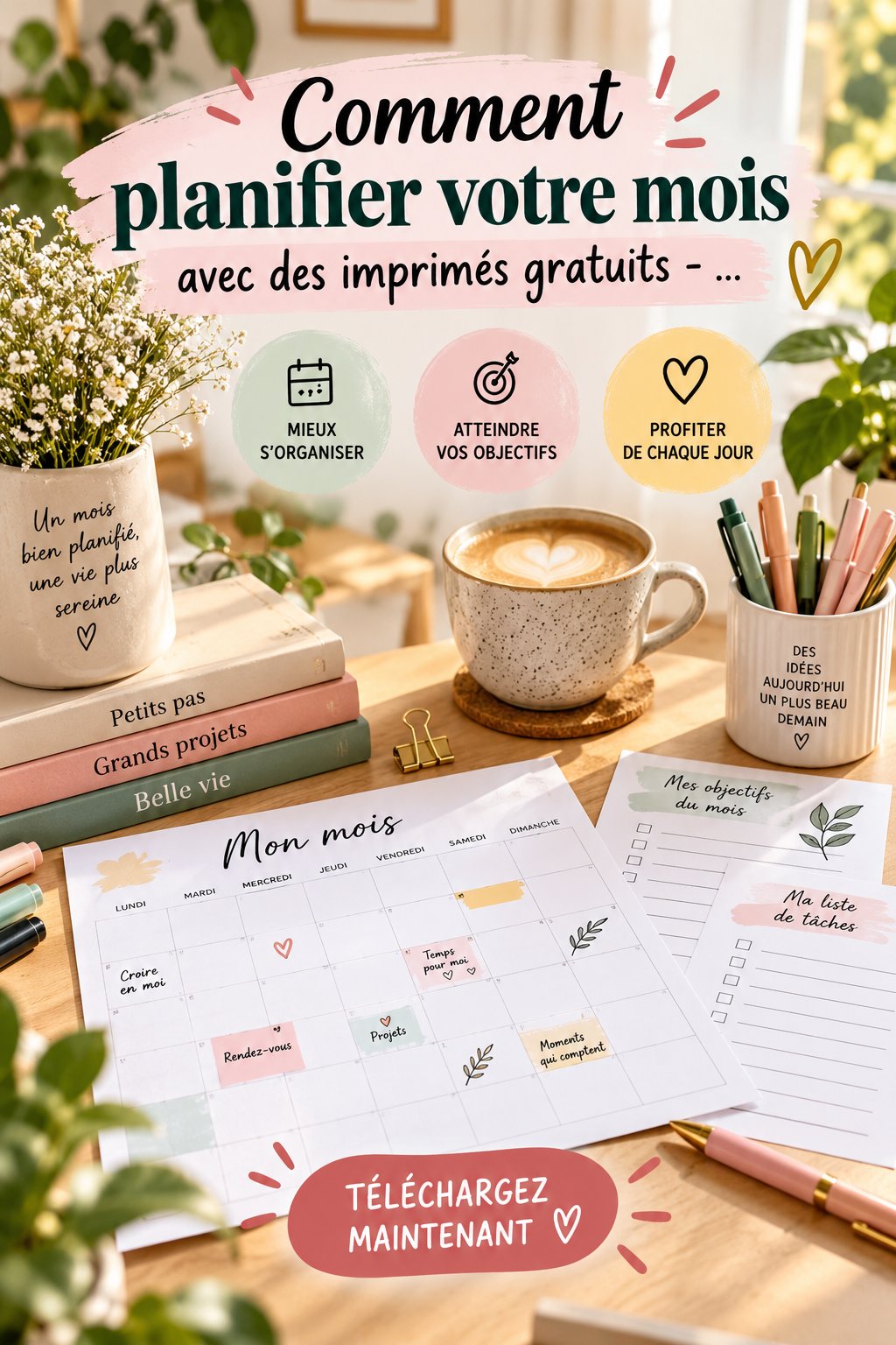Un calendrier imprimé gratuit avec des motifs colorés sur un bureau