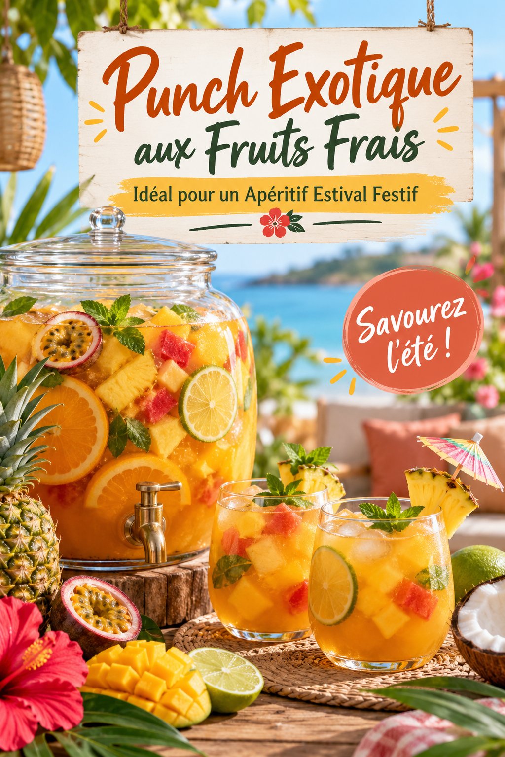 Punch exotique aux fruits frais dans un grand verre, décoré avec des tranches de fruits.