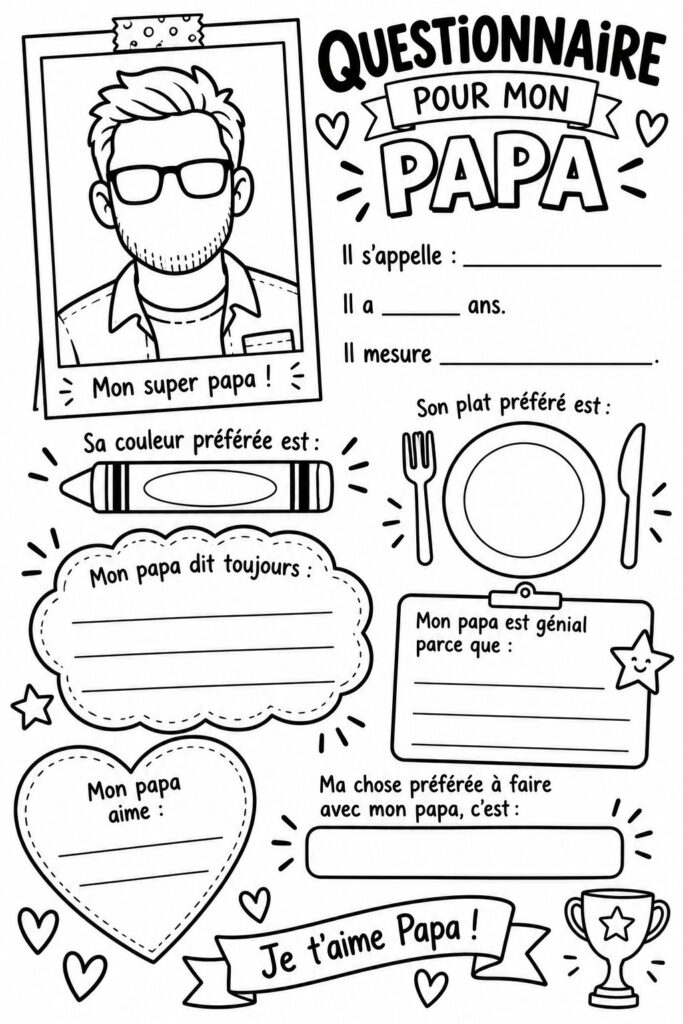 Un père et son enfant échangeant autour d'un questionnaire pour la fête des pères.