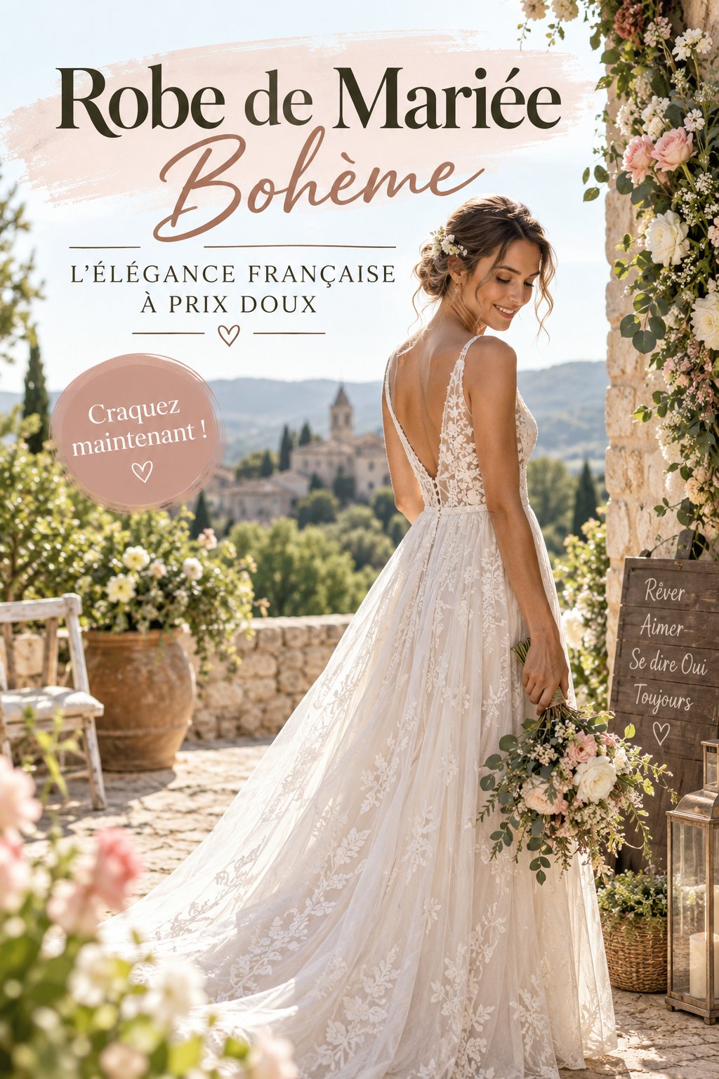 Robe de mariée bohème élégante sur un mannequin en extérieur