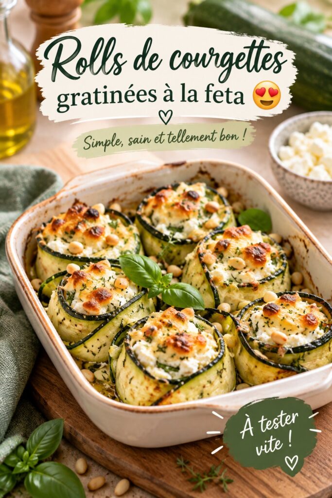 Plat de rolls de courgettes gratinées à la feta pris de haut
