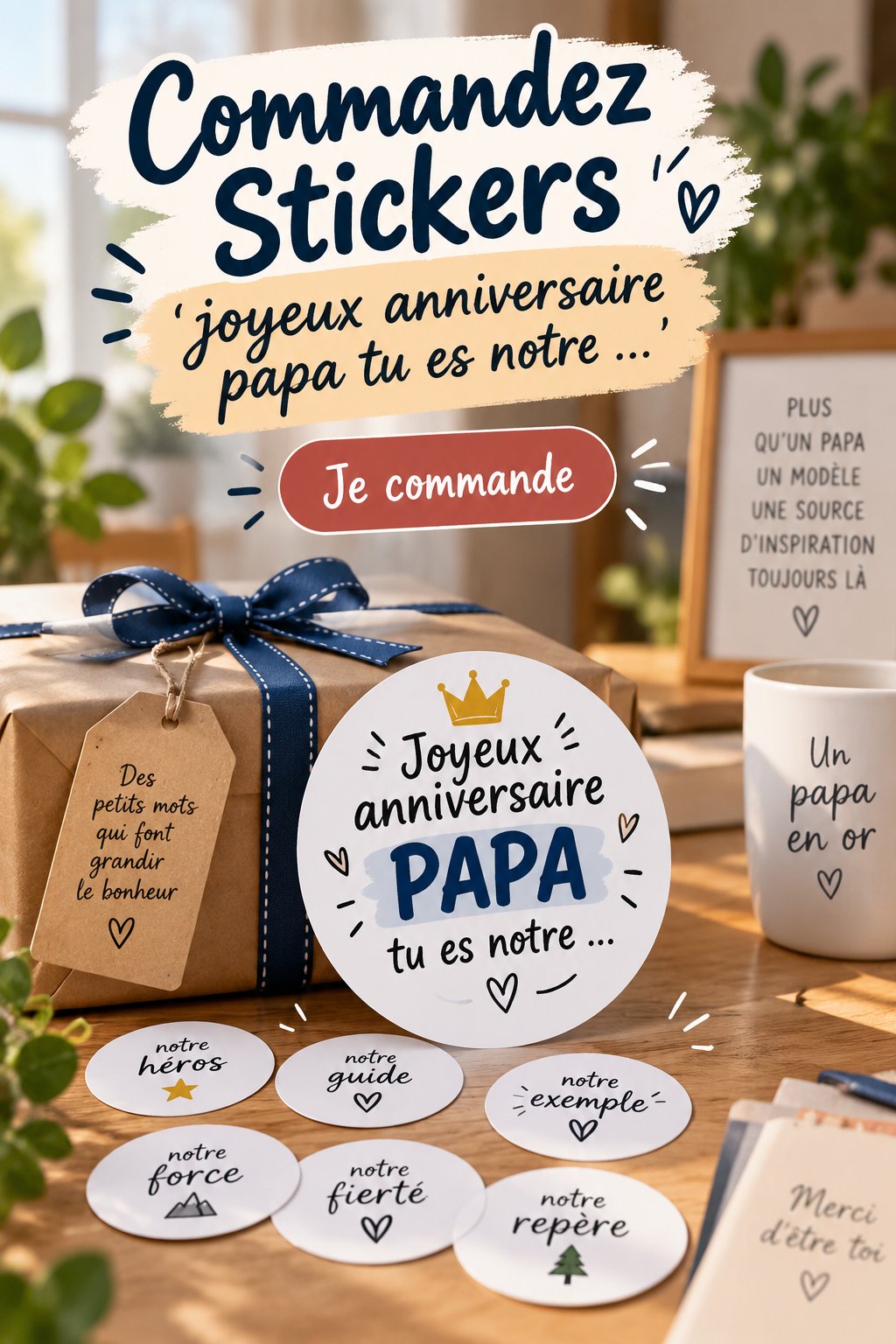 Sticker coloré de joyeux anniversaire pour un père bien-aimé, illustré avec des motifs festifs.
