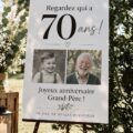 Tableau photo coloré pour un 70ème anniversaire, montrant des souvenirs en famille.