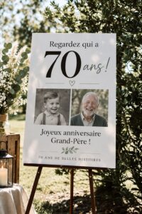 Tableau photo coloré pour un 70ème anniversaire, montrant des souvenirs en famille.