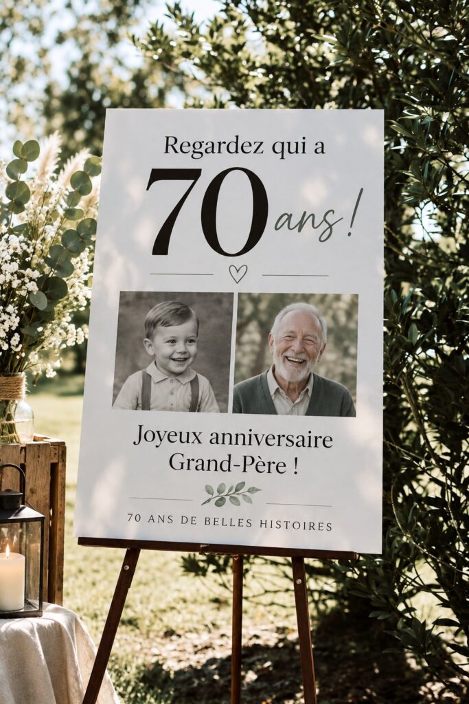 Tableau photo coloré pour un 70ème anniversaire, montrant des souvenirs en famille.