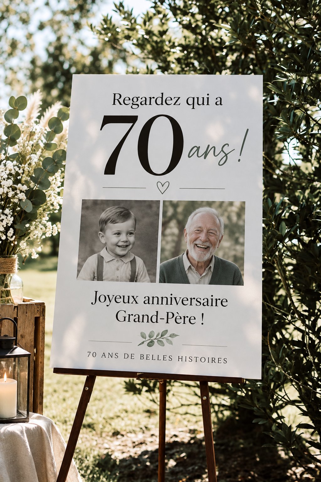 Tableau photo coloré pour un 70ème anniversaire, montrant des souvenirs en famille.
