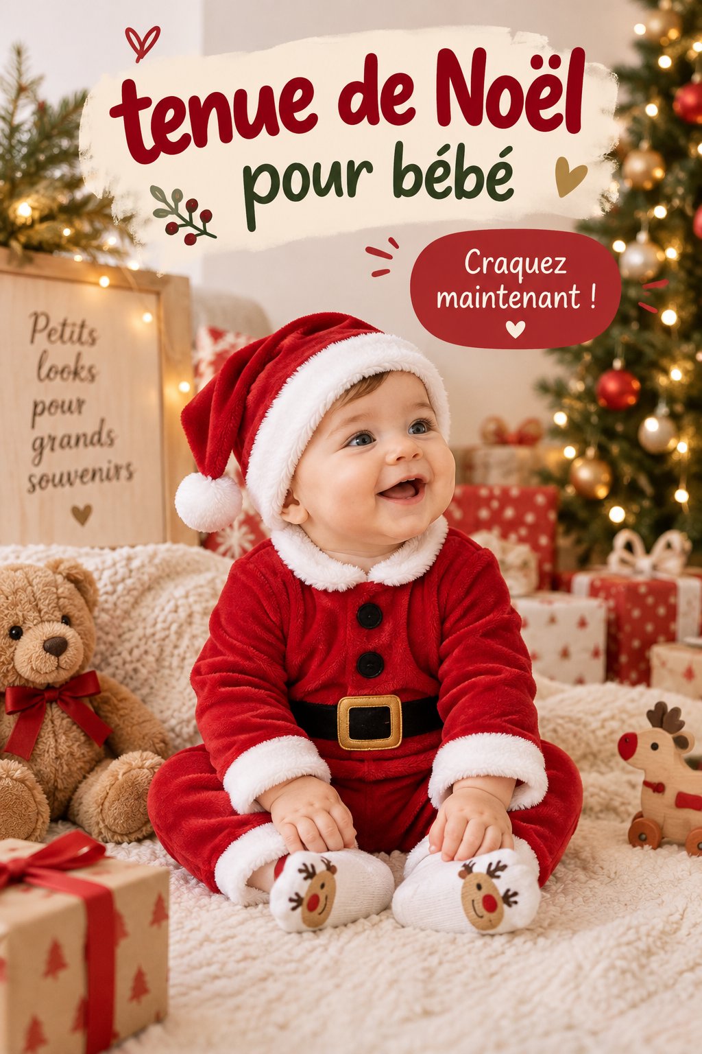 Un bébé habillé d'une tenue festive de Noël avec un bonnet rouge et blanc.