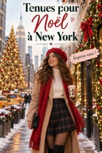 Tenue festive pour Noël à New York avec des lumières de Noël en arrière-plan.