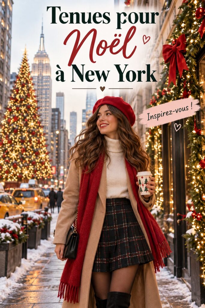 Tenue festive pour Noël à New York avec des lumières de Noël en arrière-plan.