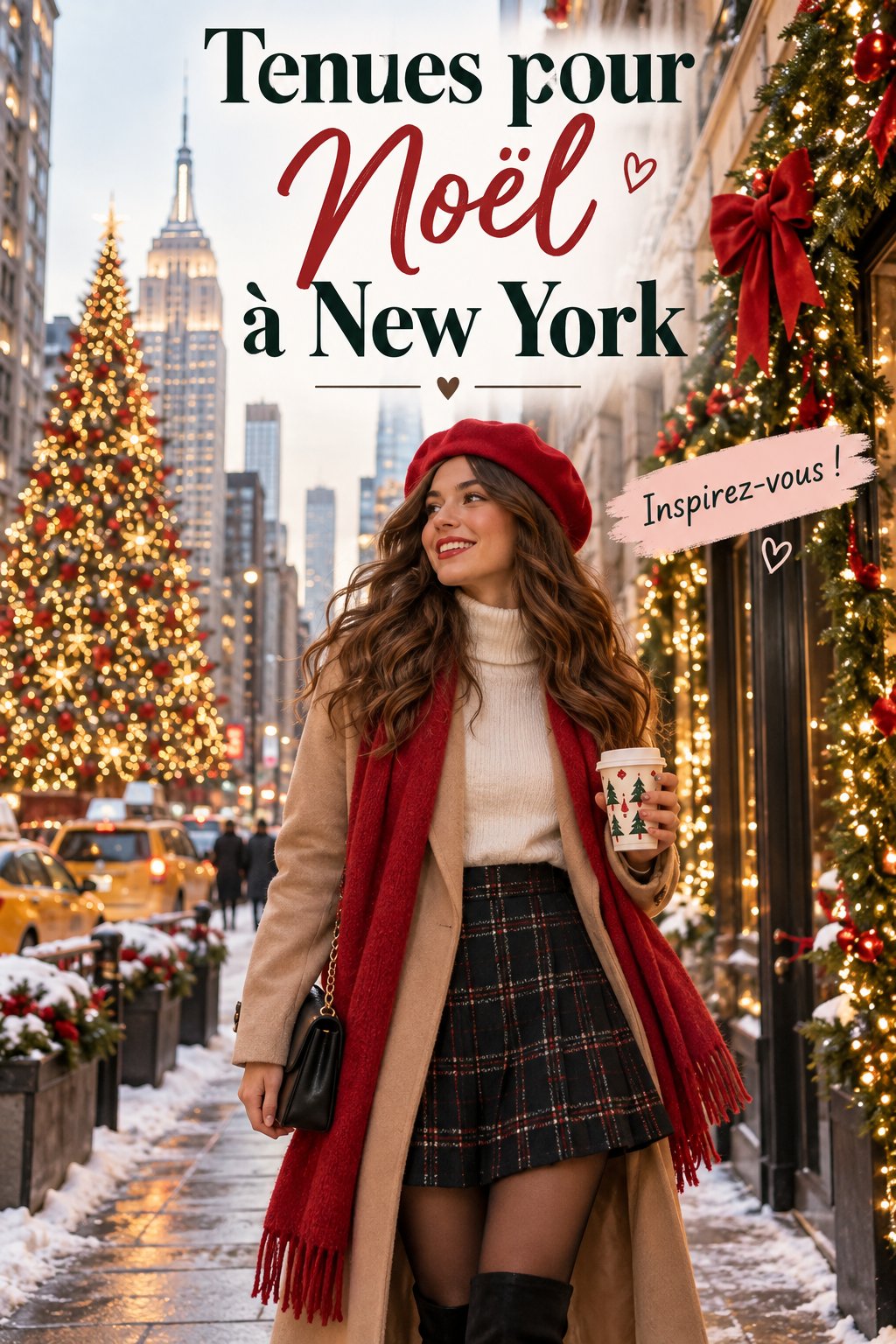 Tenue festive pour Noël à New York avec des lumières de Noël en arrière-plan.