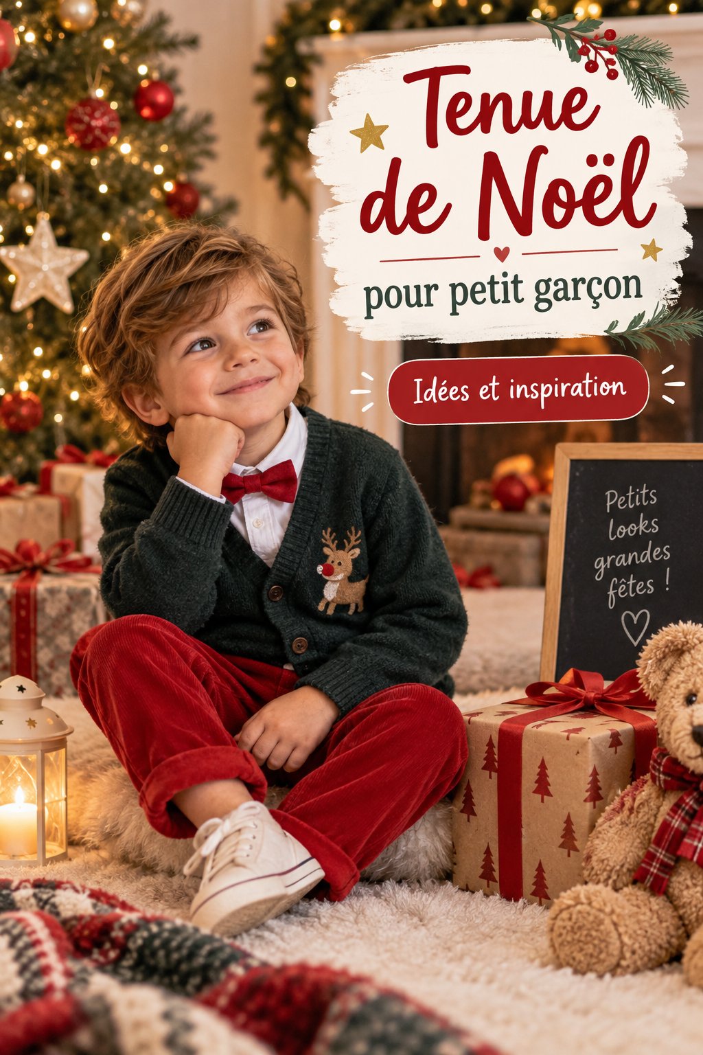 Un petit garçon vêtu d'une tenue de Noël élégante devant un sapin de Noël.