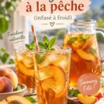 Thermos transparent rempli de thé glacé à la pêche avec des tranches de fruit.