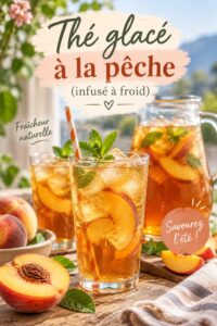 Thermos transparent rempli de thé glacé à la pêche avec des tranches de fruit.