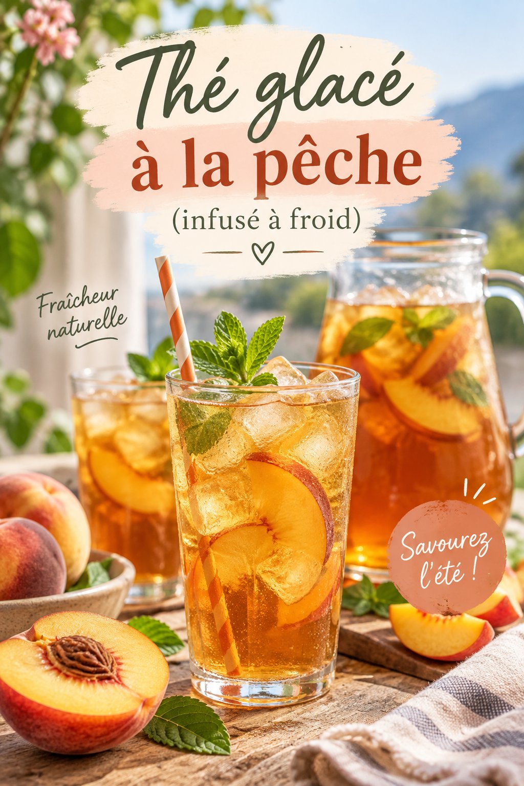 Thermos transparent rempli de thé glacé à la pêche avec des tranches de fruit.