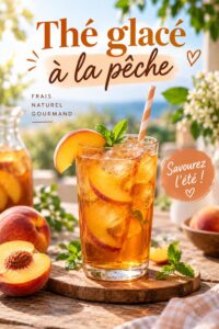 Un délicieux thé glacé à la pêche servi avec des tranches de pêche fraîches et des feuilles de menthe.