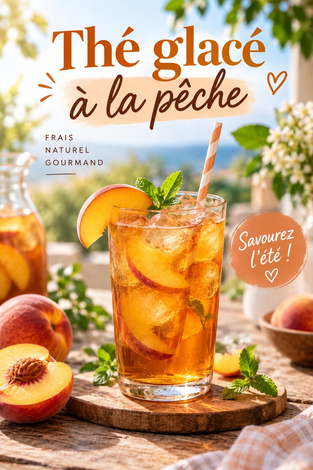 Un délicieux thé glacé à la pêche servi avec des tranches de pêche fraîches et des feuilles de menthe.