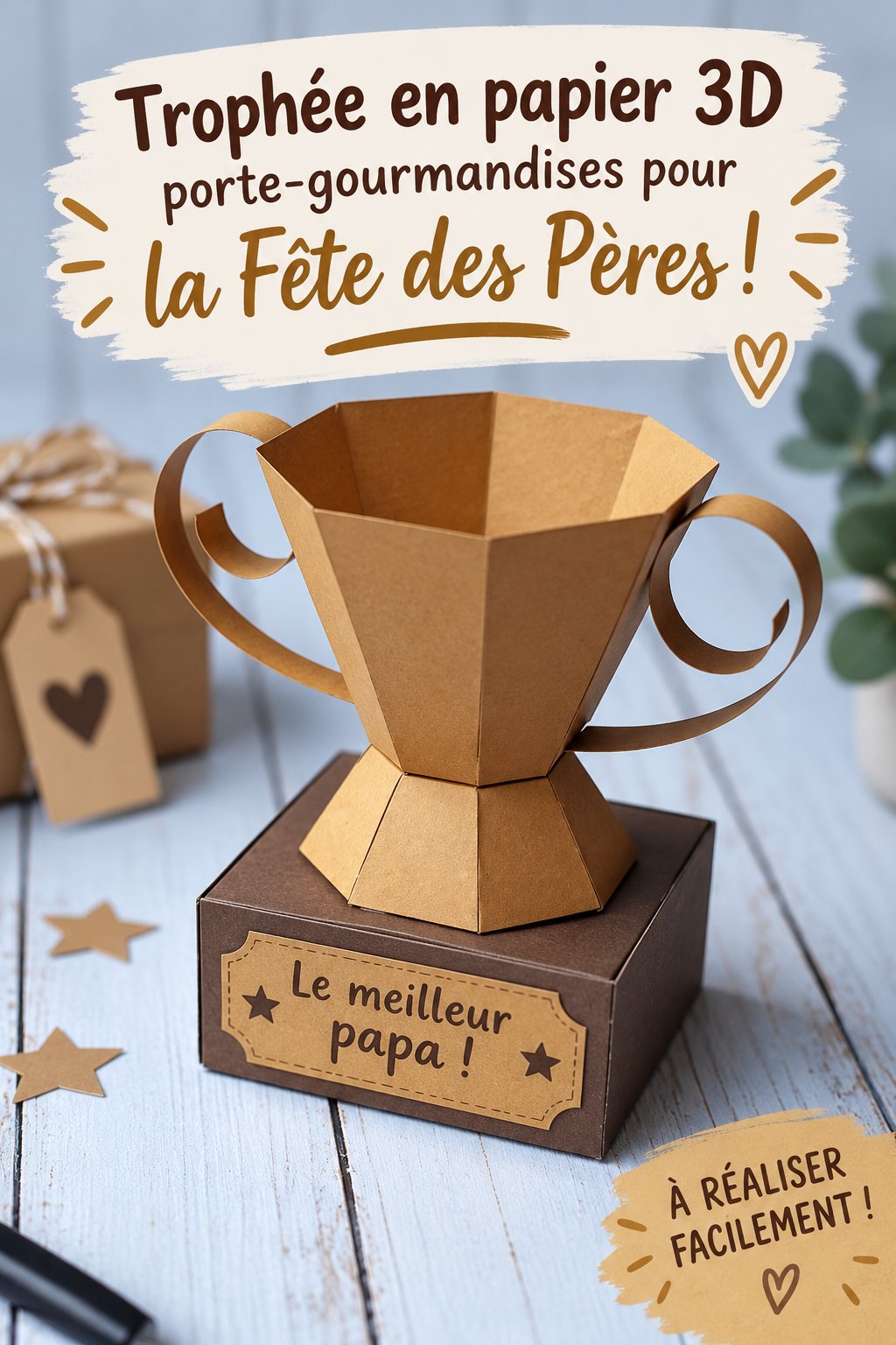 Un trophée en papier 3D coloré pour la fête des pères, décoré avec des motifs et un message d'amour.