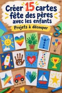 Un enfant ravissant montrant une carte fête des pères faite maison avec des dessins colorés.