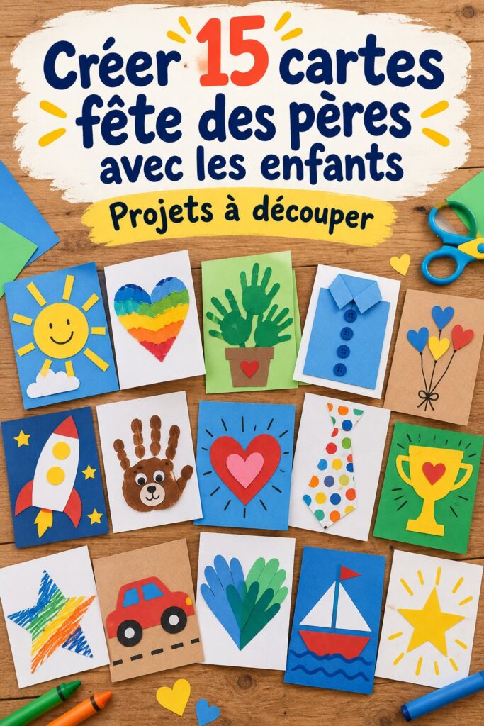 Un enfant ravissant montrant une carte fête des pères faite maison avec des dessins colorés.