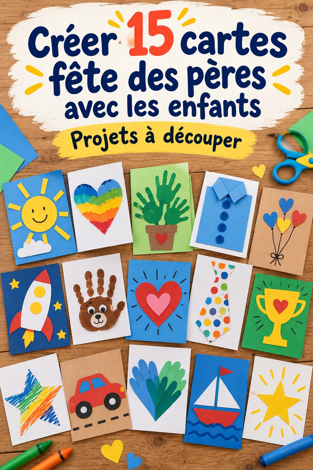 Un enfant ravissant montrant une carte fête des pères faite maison avec des dessins colorés.