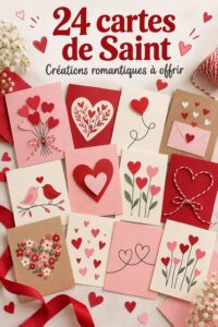 Vitrine de 24 cartes de Saint-Valentin faites main disposées sur une table.